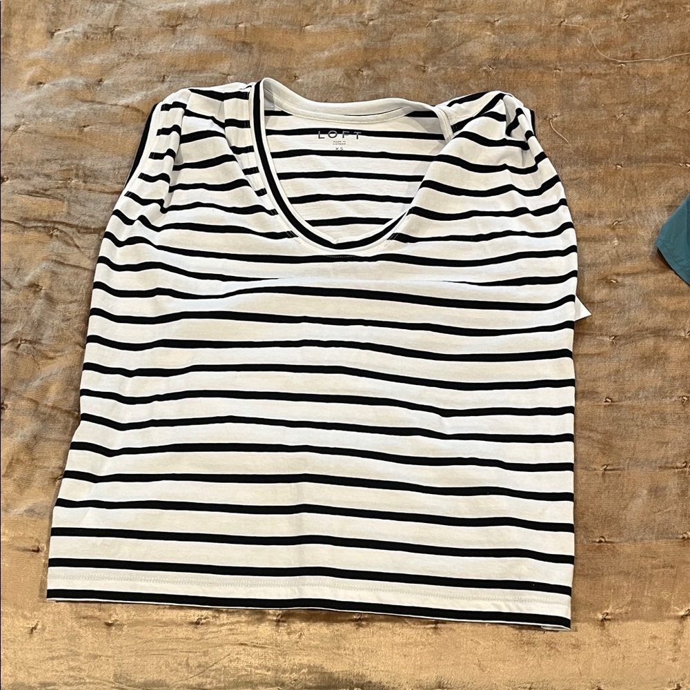 LOFT Black and White Striped Cap Sleeve Tee